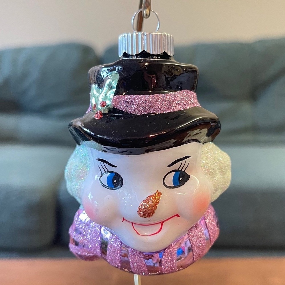 Radko Shiny Brite Glitter snowman frosty tree Ornament purple green‎ MCM retro